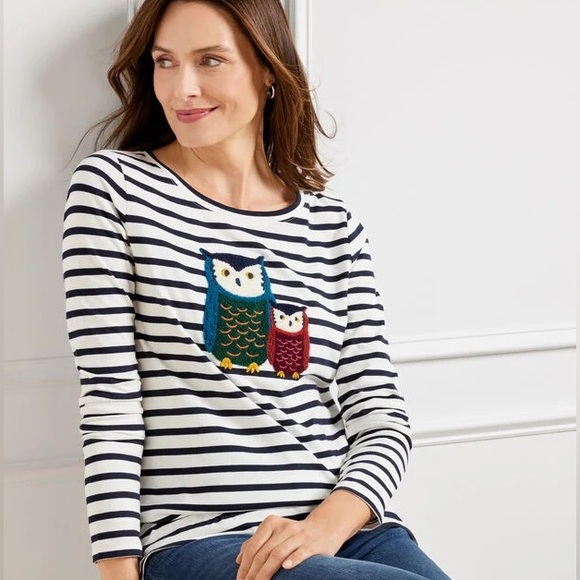 Talbots Open Crew Neck Embroidered Owl Tee - Picture 1 of 6
